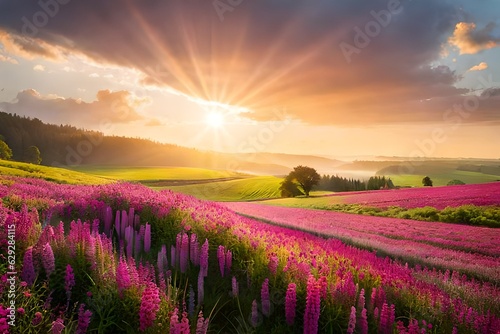 colorful flower meadow with sunbeams and bokeh light in summer 