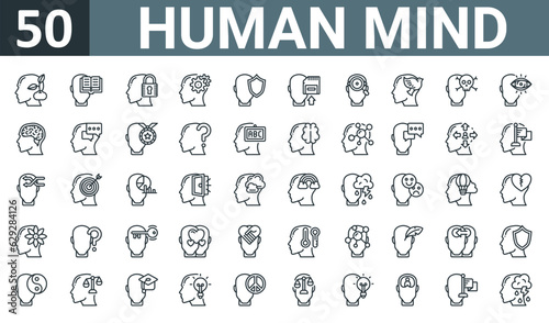 set of 50 outline web human mind icons such as growth  study  secure  thinking  shield  memory  observation vector thin icons for report  presentation  diagram  web design  mobile app.
