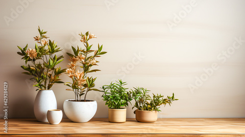 mockup - empty space beige wall in a setting indoor for a sales background framed from plants