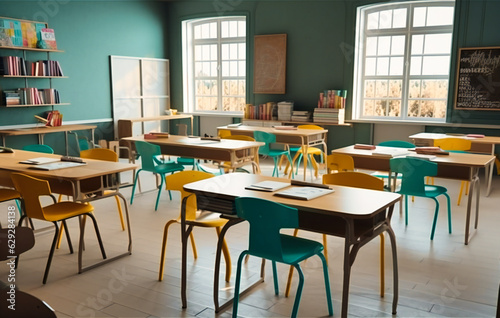 teacher desk in classroom with chairs of various shapes photo