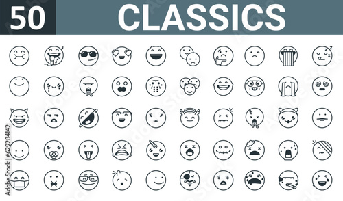 set of 50 outline web classics icons such as fat, singer, cool, in love, laughing, feelings, thinking vector thin icons for report, presentation, diagram, web design, mobile app.