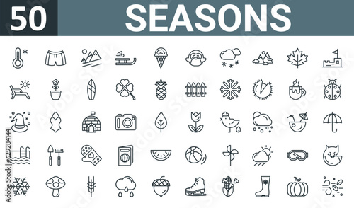set of 50 outline web seasons icons such as thermometer, swimsuit, mountain, sledge, ice cream, penguin, snow vector thin icons for report, presentation, diagram, web design, mobile app.