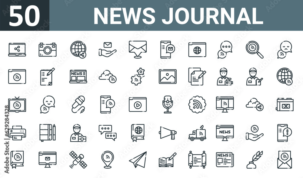 set of 50 outline web news journal icons such as laptop, camera, worldwide, message, placeholder, smartphone, browser vector thin icons for report, presentation, diagram, web design, mobile app.