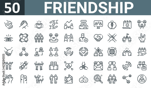 set of 50 outline web friendship icons such as friendly, support, friendship, protect, develop, friendship, feedback vector thin icons for report, presentation, diagram, web design, mobile app.
