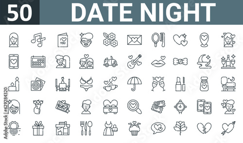 set of 50 outline web date night icons such as girl, musical note, card, in love, flowers, letter, comb vector thin icons for report, presentation, diagram, web design, mobile app.