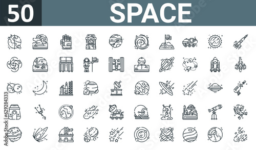 set of 50 outline web space icons such as day and night, planet, glove, astronaut, eclipse, galaxy, flag vector thin icons for report, presentation, diagram, web design, mobile app.