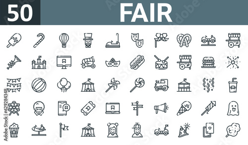 set of 50 outline web fair icons such as , candy cane, hot air balloon, magician, bumper car, mask, moustache vector thin icons for report, presentation, diagram, web design, mobile app.