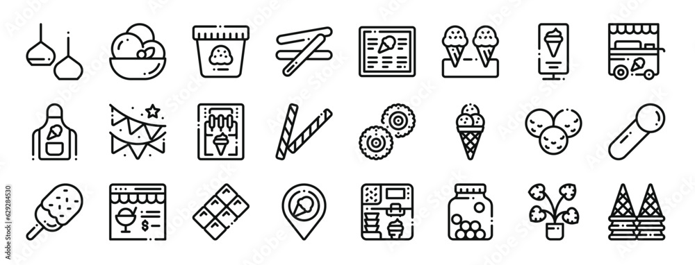set of 24 outline web icecream shop icons such as light, ice cream, ice cream, stick, menu, ice cream, standee vector icons for report, presentation, diagram, web design, mobile app set of 24 outline web icecream shop icons such as light, ice cream, ice cream, stick, menu, ice cream, standee vector icons for report, presentation, diagram, web design, mobile app
