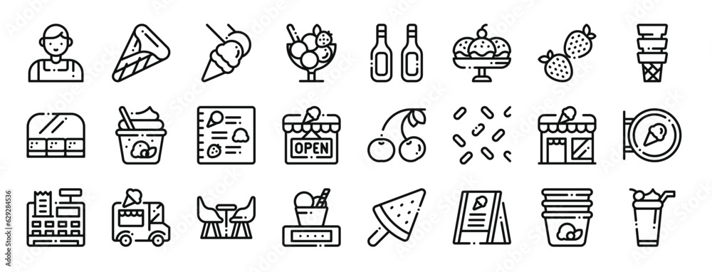 set of 24 outline web icecream shop icons such as salesman, ice cream, food and restaurant, ice cream, additives, cup, strawberry vector icons for report, presentation, diagram, web design, mobile