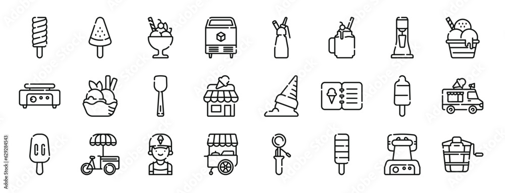 set of 24 outline web ice cream shop icons such as , ice cream, ice, whipped cream, smoothie, milkshake vector icons for report, presentation, diagram, web design, mobile