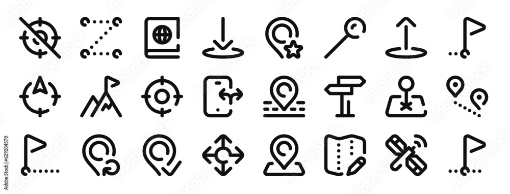set of 24 outline web location icons such as , way, atlas, down arrow, location, map pin, check out vector icons for report, presentation, diagram, web design, mobile app set of 24 outline web location icons such as , way, atlas, down arrow, location, map pin, check out vector icons for report, presentation, diagram, web design, mobile app