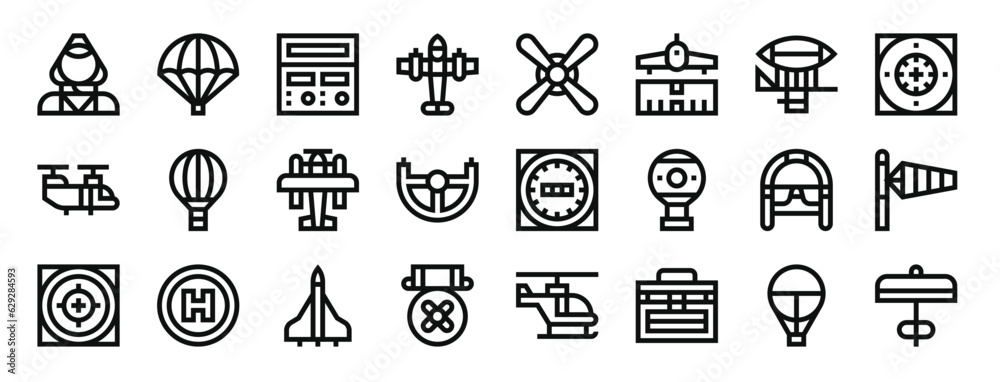 set of 24 outline web aviation icons such as flight attendant, parachute, radio, aeroplane, propeller, runway, zeppelin vector icons for report, presentation, diagram, web design, mobile app set of 24 outline web aviation icons such as flight attendant, parachute, radio, aeroplane, propeller, runway, zeppelin vector icons for report, presentation, diagram, web design, mobile app