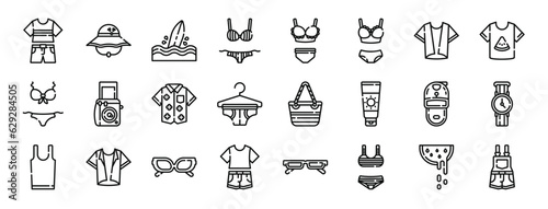 set of 24 outline web summer clothing icons such as clothes, pamela, suroard, underwear, underwear, underwear, shirt vector icons for report, presentation, diagram, web design, mobile app
