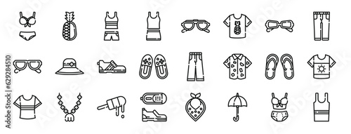 set of 24 outline web summer clothing icons such as underwear, pine, clothes, clothes, sunglasses, shirt, sunglasses vector icons for report, presentation, diagram, web design, mobile app
