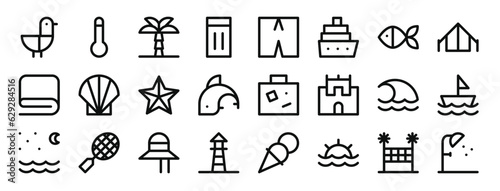 set of 24 outline web summer holidays icons such as seagull, thermometer, palm tree, inflatable, swimsuit, cruise, fish vector icons for report, presentation, diagram, web design, mobile app