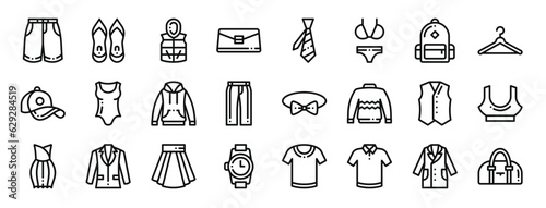 set of 24 outline web clothes icons such as short, high heels, jacket, handbag, tie, bikini, backpack vector icons for report, presentation, diagram, web design, mobile app