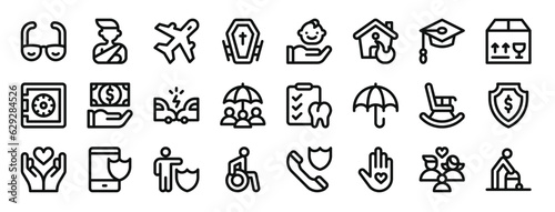 set of 24 outline web insurance icons such as vision  accident  aviation  funeral  child  house  unemployed vector icons for report  presentation  diagram  web design  mobile app