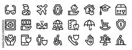set of 24 outline web insurance icons such as vision, accident, aviation, funeral, child, house, unemployed vector icons for report, presentation, diagram, web design, mobile app