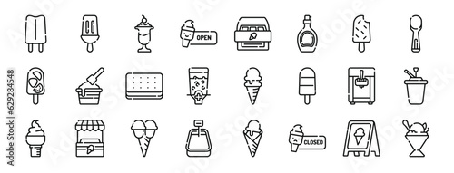 set of 24 outline web ice cream shop icons such as , ice cream, ice cream, cabinet, syrup, vector icons for report, presentation, diagram, web design, mobile