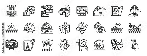 set of 24 outline web travel icons such as hotel, lifesaver, accesories, snorkel, online booking, wallet, passport vector icons for report, presentation, diagram, web design, mobile app