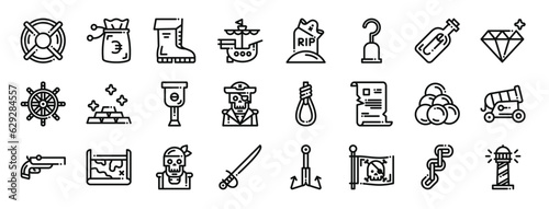 set of 24 outline web pirates icons such as lifebuoy, money, boots, ship, grave, hooks, message in a bottle vector icons for report, presentation, diagram, web design, mobile app