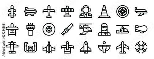 set of 24 outline web aviation icons such as missile, zeppelin, ultralight, wright flyer, pilot, cone, engine vector icons for report, presentation, diagram, web design, mobile app