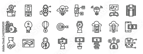 set of 24 outline web crowdfunding icons such as crowdfunding, kickstarter, skateboard, idea, smartwatch, idea, virtual reality vector icons for report, presentation, diagram, web design, mobile app