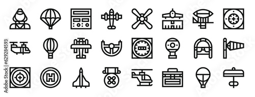 set of 24 outline web aviation icons such as flight attendant, parachute, radio, aeroplane, propeller, runway, zeppelin vector icons for report, presentation, diagram, web design, mobile app
