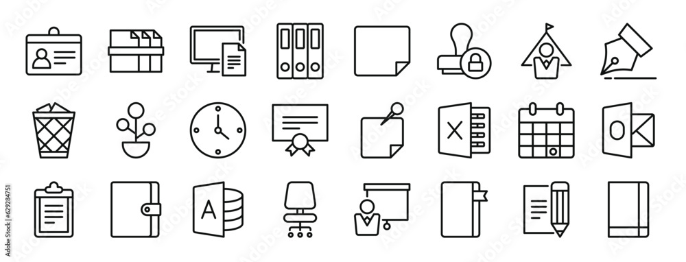 set of 24 outline web workspace support icons such as card, files, document, files, paper, stamp, manager vector icons for report, presentation, diagram, web design, mobile app set of 24 outline web workspace support icons such as card, files, document, files, paper, stamp, manager vector icons for report, presentation, diagram, web design, mobile app