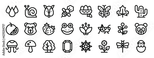 set of 24 outline web nature icons such as drop, snail, squirrel, bee, nest, butterfly, leaf vector icons for report, presentation, diagram, web design, mobile app