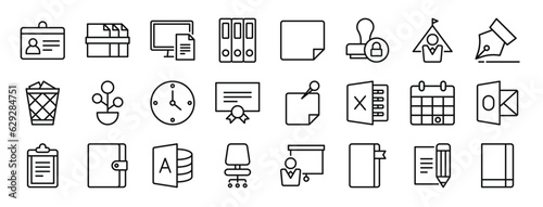 set of 24 outline web workspace support icons such as card, files, document, files, paper, stamp, manager vector icons for report, presentation, diagram, web design, mobile app