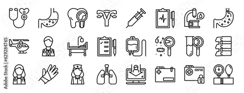 set of 24 outline web medical icons such as stethoscope  stoh  dental  uterus  syringe  medical report  microscope vector icons for report  presentation  diagram  web design  mobile app