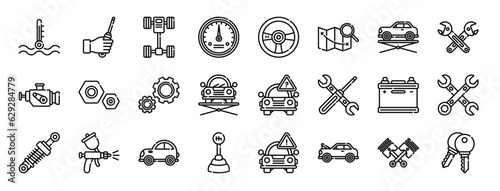 set of 24 outline web car garage icons such as temperature, screwdriver, chassis, dashboard, steering, map, elevator vector icons for report, presentation, diagram, web design, mobile app