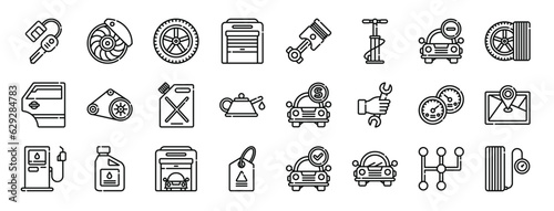 set of 24 outline web car garage icons such as car key, disc brake, wheel, garage, piston, air pump, forbbiden vector icons for report, presentation, diagram, web design, mobile app