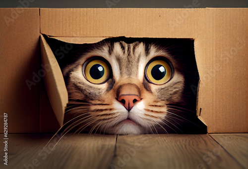 A frightened or curious kitten peeks out of a cardboard box. AI generated.