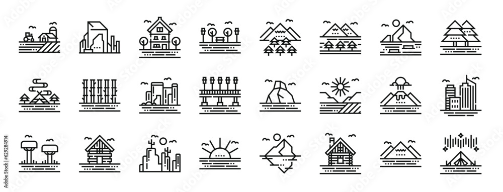 set of 24 outline web landscapes icons such as farm, cave, house, park, forest, lake, glacier vector icons for report, presentation, diagram, web design, mobile app