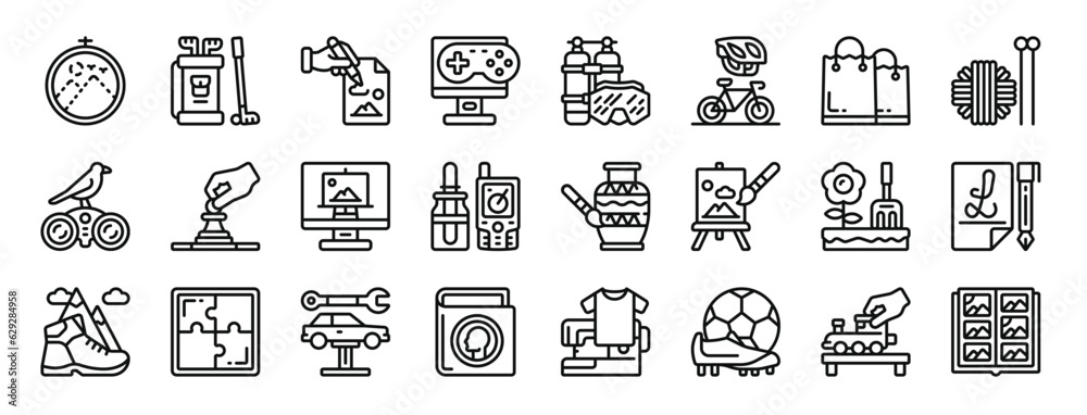 set of 24 outline web hobby icons such as embroidery, golf, drawing, gaming, diving, cycling, shopping bag vector icons for report, presentation, diagram, web design, mobile app