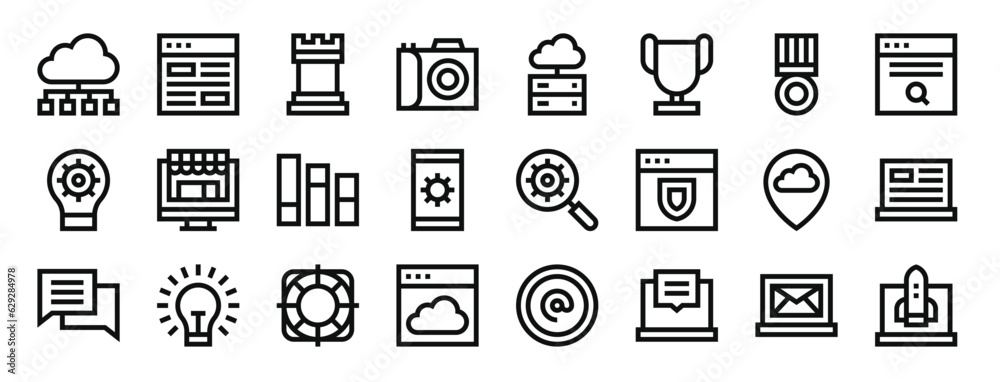 set of 24 outline web digital marketing icons such as cloud computing, browser, rook, photo camera, server, trophy, medal vector icons for report, presentation, diagram, web design, mobile app set of 24 outline web digital marketing icons such as cloud computing, browser, rook, photo camera, server, trophy, medal vector icons for report, presentation, diagram, web design, mobile app
