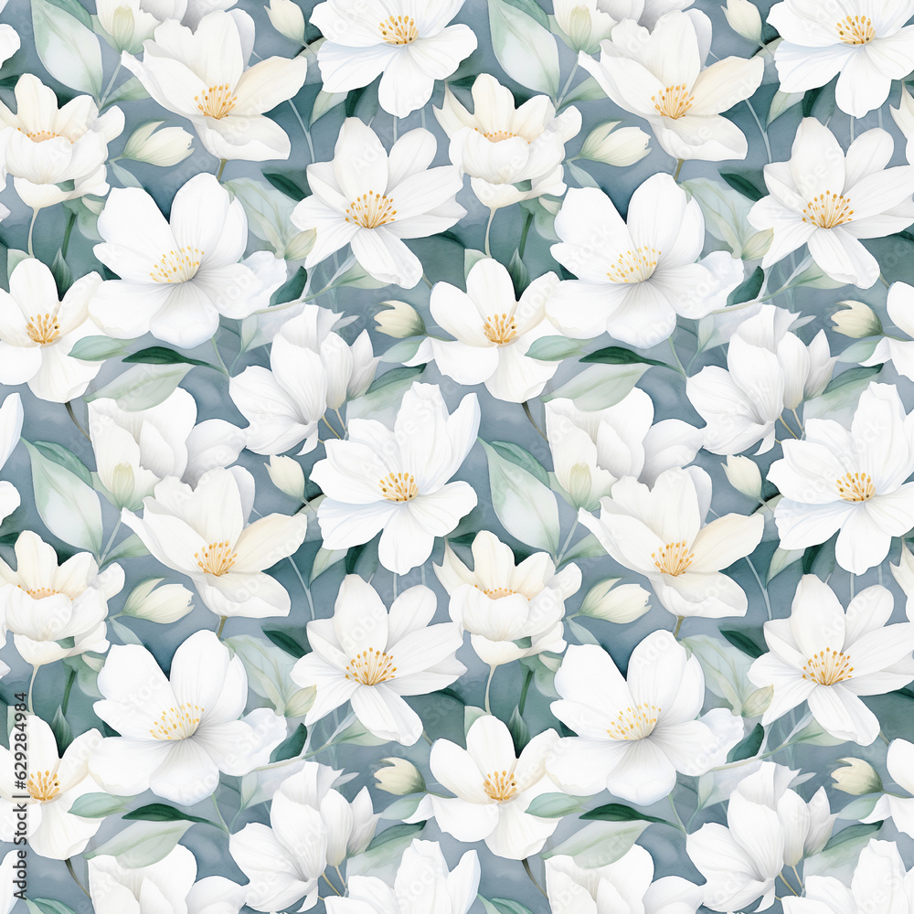 Watercolor seamless pattern of white flowers. Background, fabric, packaging, wrapper, digital paper