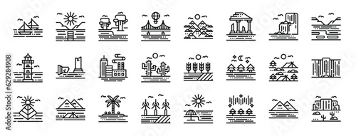 set of 24 outline web landscapes icons such as sailboats, lake, rainforest, bridge, mountains, ruins, waterfall vector icons for report, presentation, diagram, web design, mobile app