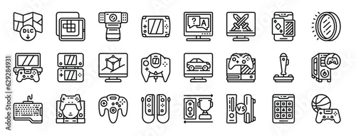set of 24 outline web gaming icons such as dlc, , webcam, game console, quiz, rpg game, card game vector icons for report, presentation, diagram, web design, mobile app
