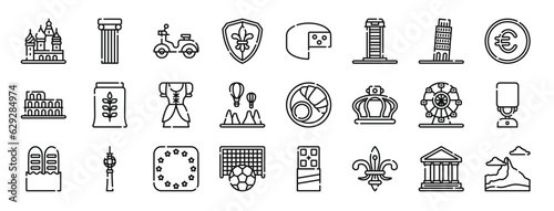 set of 24 outline web travel icons such as kremlin, column, scooter, fleur de lis, cheese, phone booth, leaning tower of pisa vector icons for report, presentation, diagram, web design, mobile app