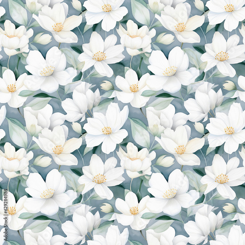 Watercolor seamless pattern of white flowers. Background, fabric, packaging, wrapper, digital paper