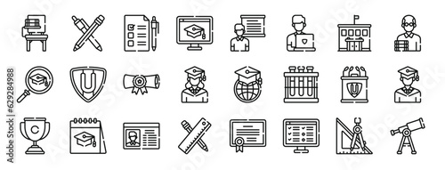 set of 24 outline web university icons such as desk, pencil, test, elearning, presentation, student, university vector icons for report, presentation, diagram, web design, mobile app