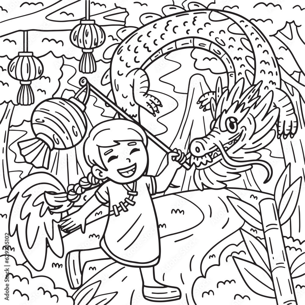 Year of the Dragon Child Holding Lantern Coloring