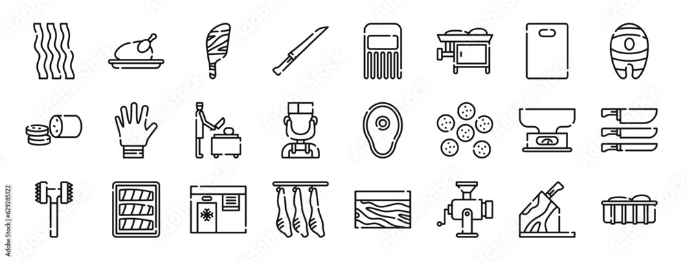 set of 24 outline web butcher icons such as bacon strips, chicken, mutton, boning knife, meat claw, meat grinder, cutting board vector icons for report, presentation, diagram, web design, mobile app set of 24 outline web butcher icons such as bacon strips, chicken, mutton, boning knife, meat claw, meat grinder, cutting board vector icons for report, presentation, diagram, web design, mobile app