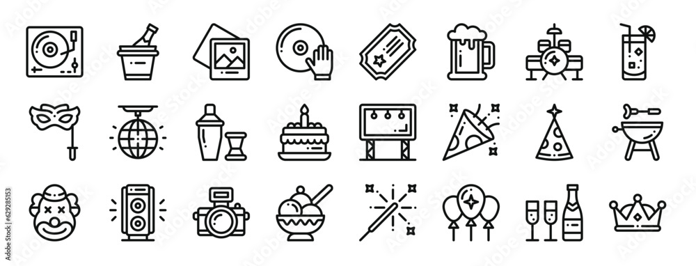 set of 24 outline web event icons such as record player, champagne, picture, vinyl, ticket, beer mug, drum vector icons for report, presentation, diagram, web design, mobile app