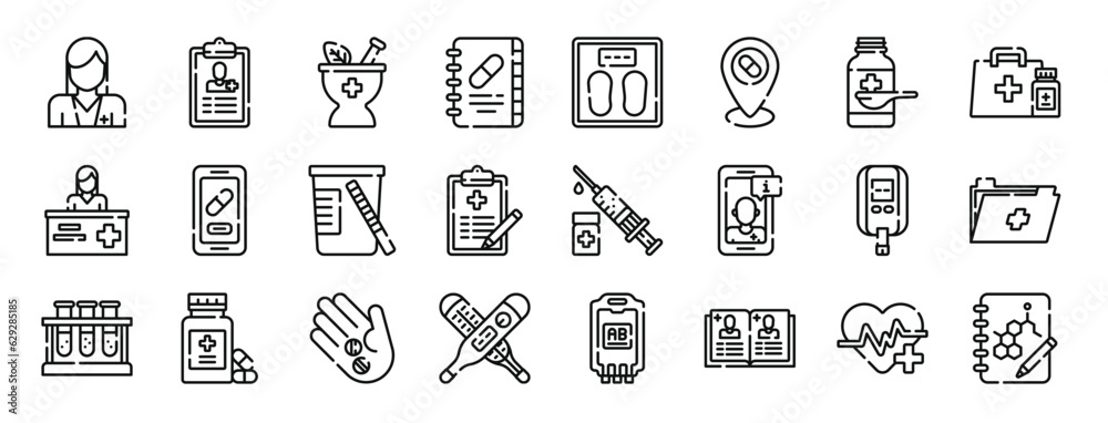set of 24 outline web phary icons such as pharist, records, herbal, book, weight, location, syrup vector icons for report, presentation, diagram, web design, mobile app