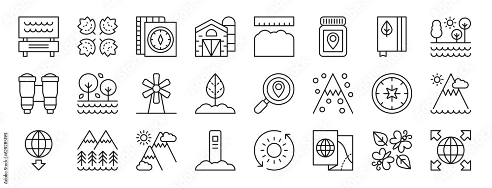 set of 24 outline web geography icons such as park, leaves, map, barn, geology, medicine, journal vector icons for report, presentation, diagram, web design, mobile app