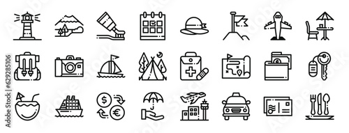 set of 24 outline web travel icons such as lighthouse, mountain, toothpaste, calendar, pamela, landmark, plane vector icons for report, presentation, diagram, web design, mobile app